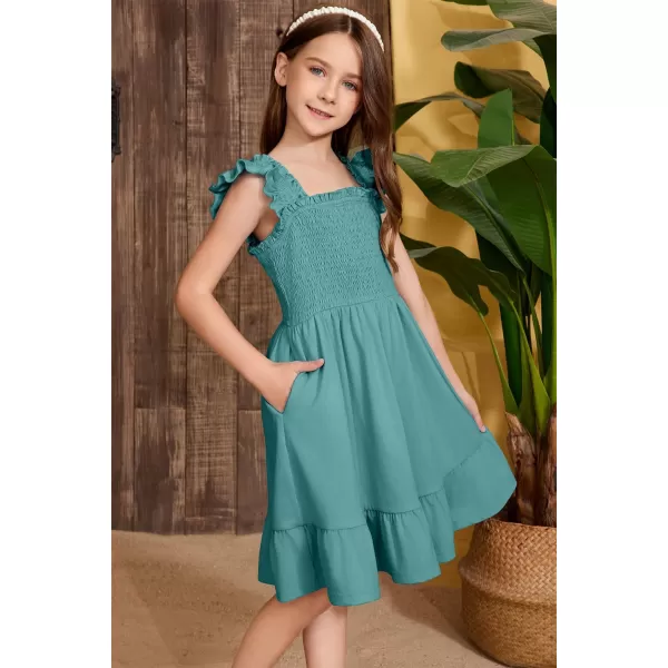imageblibean Teen Girls Summer Dresses Smocked Sleeveless Sundresses with Pockets Size 615 YearsA Green