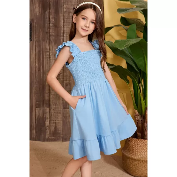 imageblibean Teen Girls Summer Dresses Smocked Sleeveless Sundresses with Pockets Size 615 YearsA Light Blue