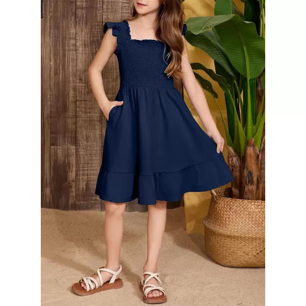 imageblibean Teen Girls Summer Dresses Smocked Sleeveless Sundresses with Pockets Size 615 YearsA Navy Blue