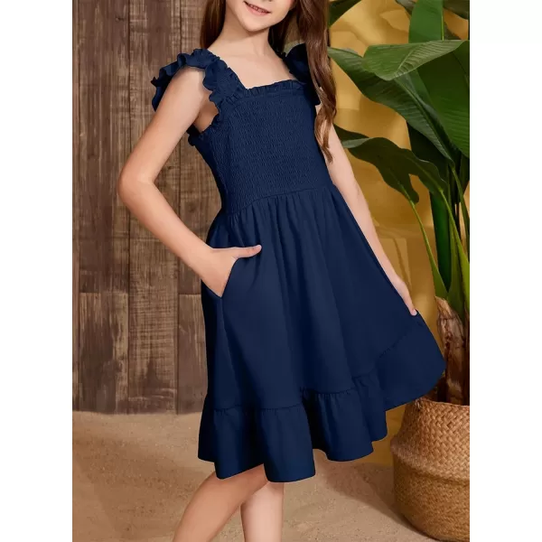 imageblibean Teen Girls Summer Dresses Smocked Sleeveless Sundresses with Pockets Size 615 YearsA Navy Blue