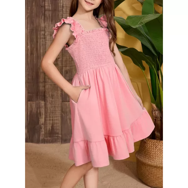 imageblibean Teen Girls Summer Dresses Smocked Sleeveless Sundresses with Pockets Size 615 YearsA Pink