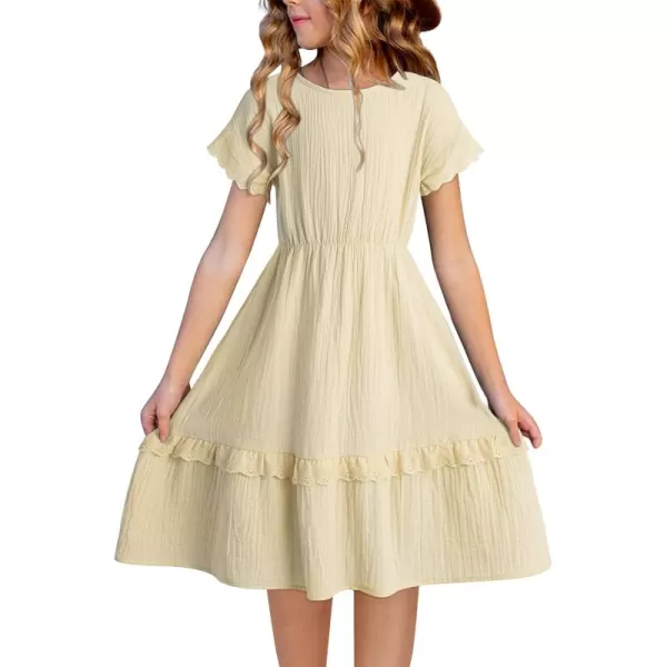 imageblibean Girls Cotton Short Sleeve Dresses Lace Semi Formal Dress Size 615 YearsBeige