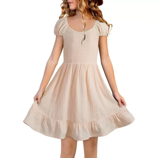 imageblibean Teen Girls Summer Cotton Dresses Smocked Sleeveless Sun Dress Size 615 YearsA Beige
