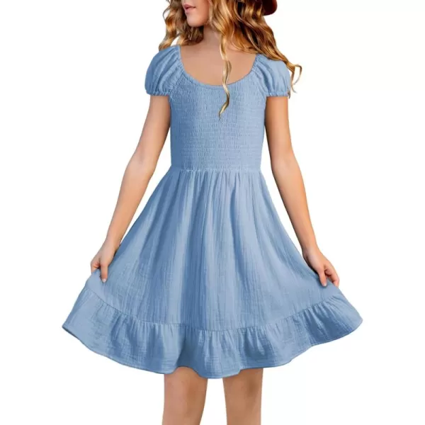imageblibean Teen Girls Summer Cotton Dresses Smocked Sleeveless Sun Dress Size 615 YearsA Light Blue