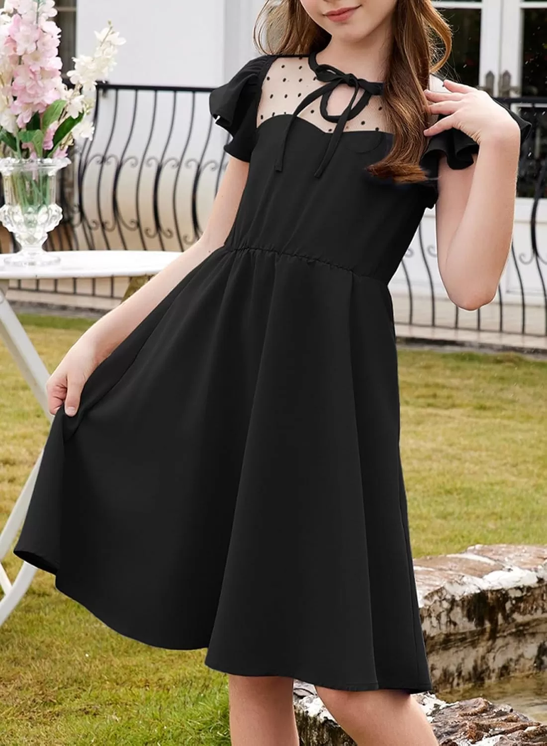 imageblibean Girls 2025 Summer Dress Kids Mesh Ruffled Pockets Dresses Size 615 YearsA Black