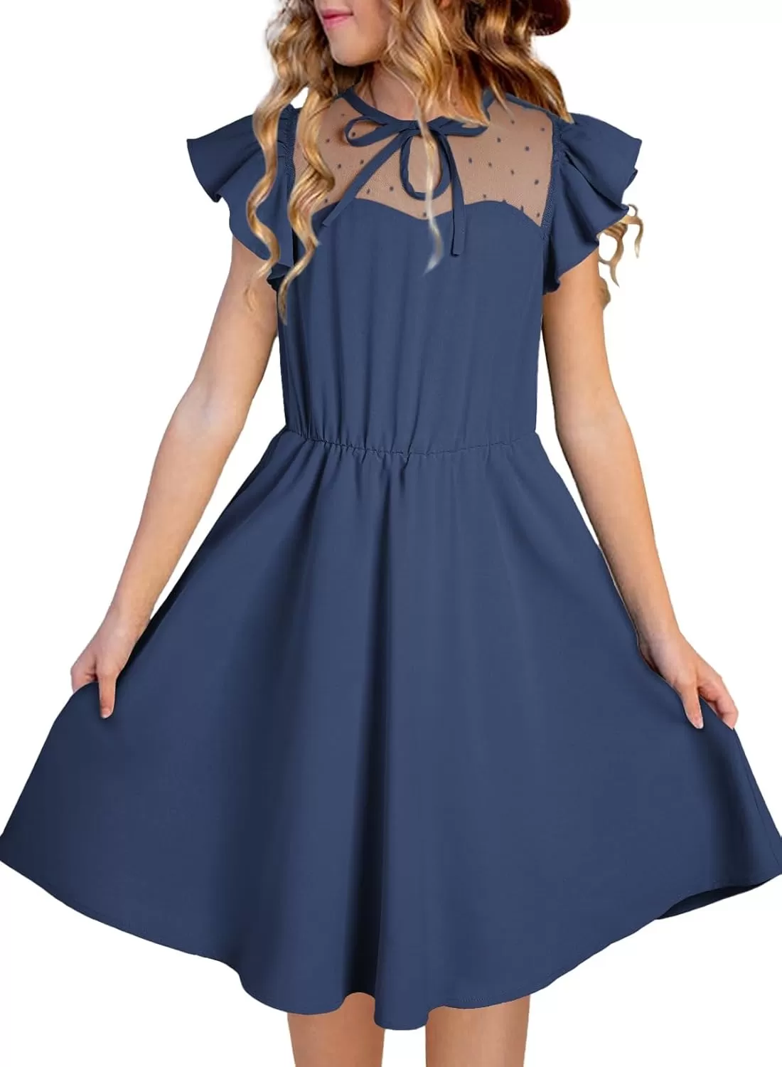 imageblibean Girls 2025 Summer Dress Kids Mesh Ruffled Pockets Dresses Size 615 YearsA Dark Blue