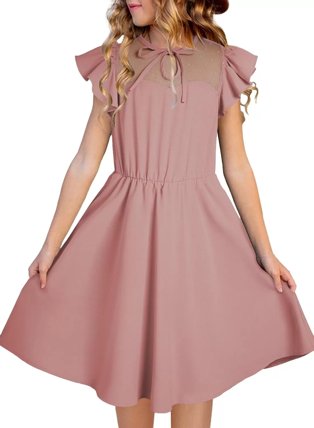 imageblibean Girls 2025 Summer Dress Kids Mesh Ruffled Pockets Dresses Size 615 YearsA Dusty Pink