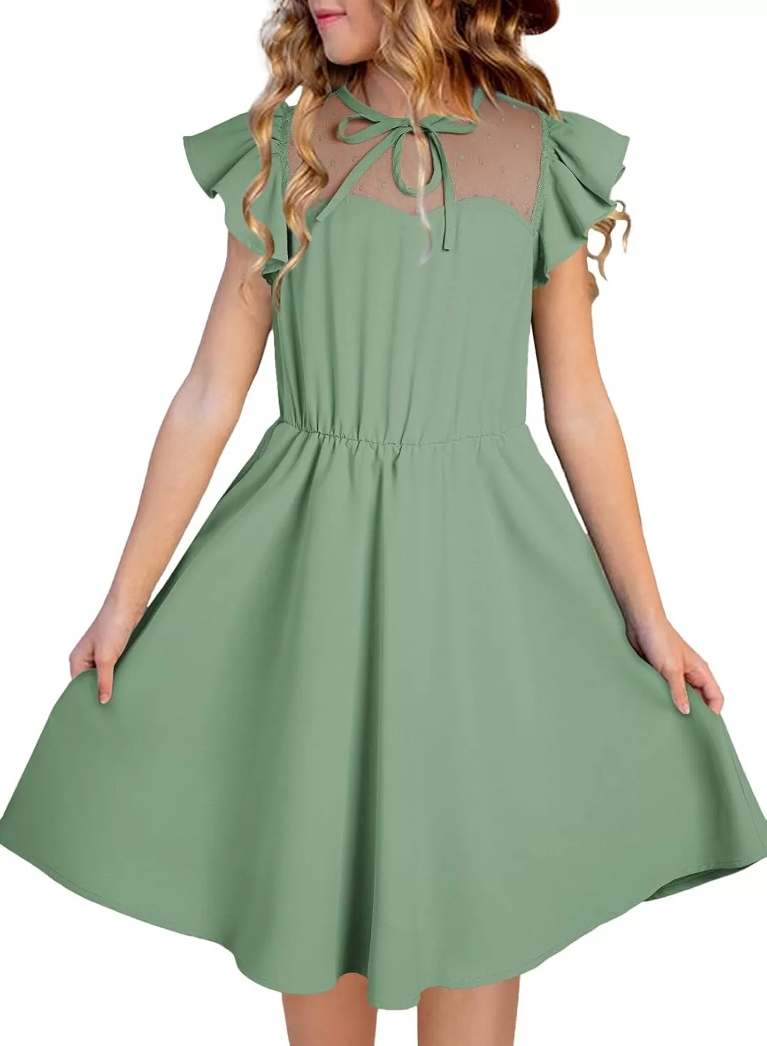 imageblibean Girls 2025 Summer Dress Kids Mesh Ruffled Pockets Dresses Size 615 YearsA Green