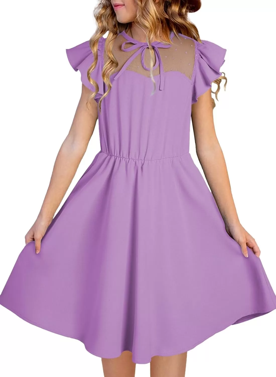 imageblibean Girls 2025 Summer Dress Kids Mesh Ruffled Pockets Dresses Size 615 YearsA Purple
