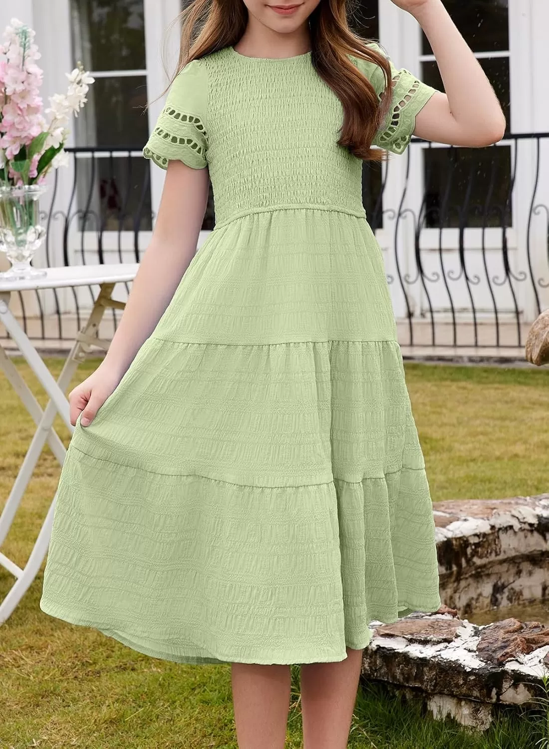 imageblibean Girls Embroidery Short Sleeve Textured Dresses Size 615 YearsGreen