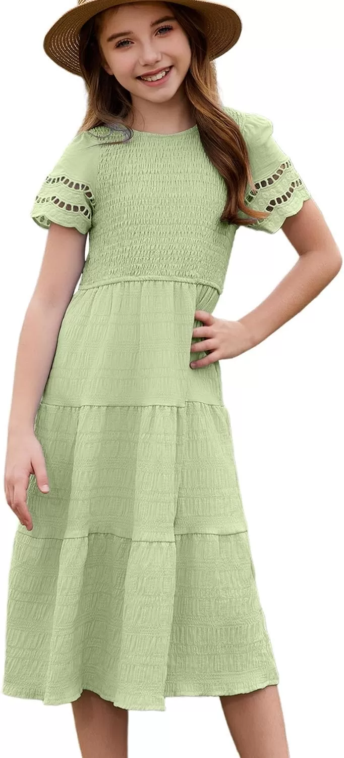 imageblibean Girls Embroidery Short Sleeve Textured Dresses Size 615 YearsGreen