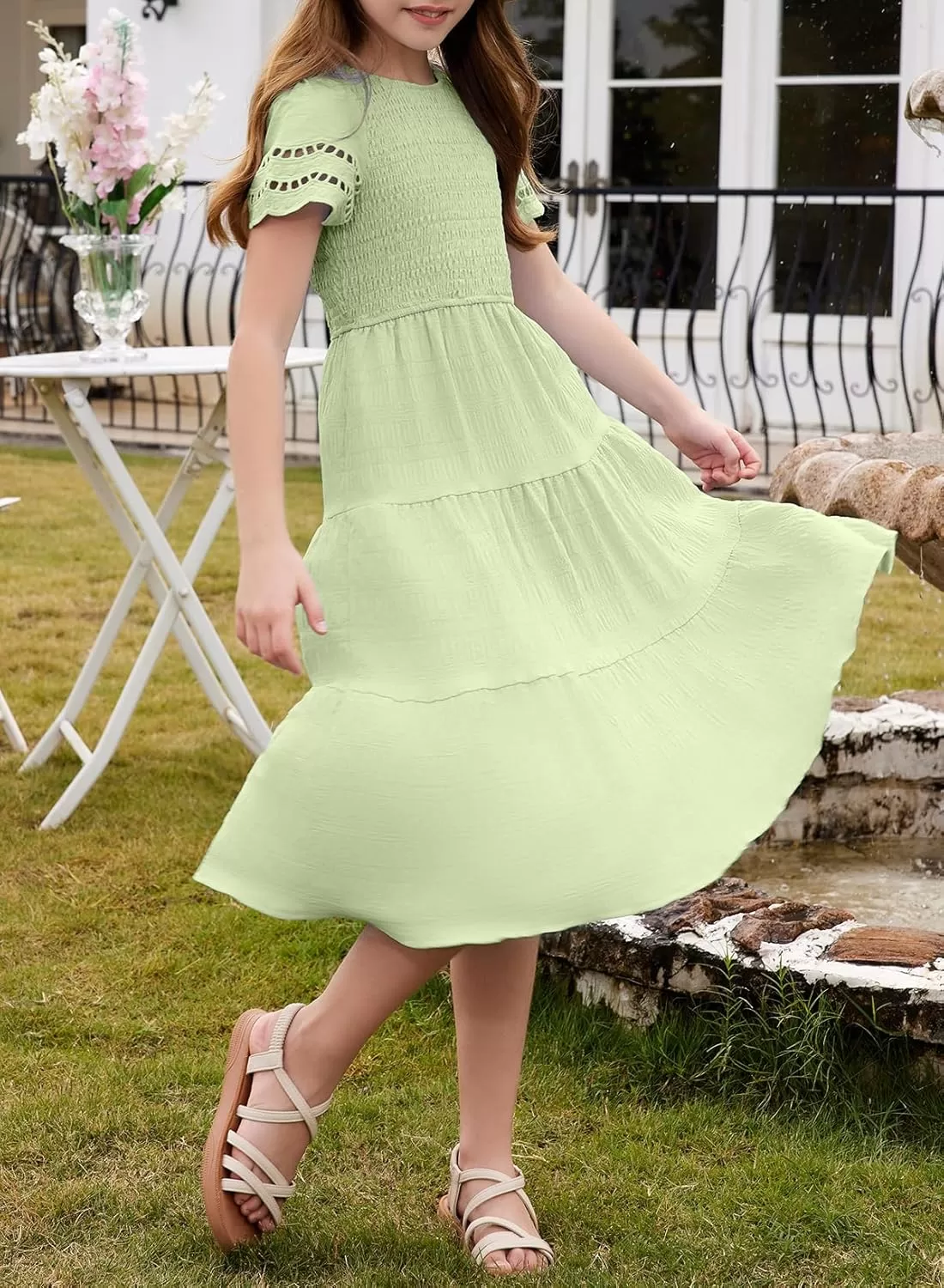 imageblibean Girls Embroidery Short Sleeve Textured Dresses Size 615 YearsGreen