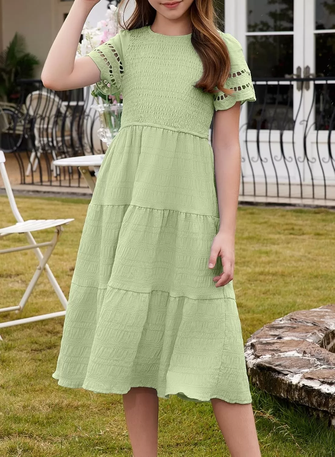 imageblibean Girls Embroidery Short Sleeve Textured Dresses Size 615 YearsGreen