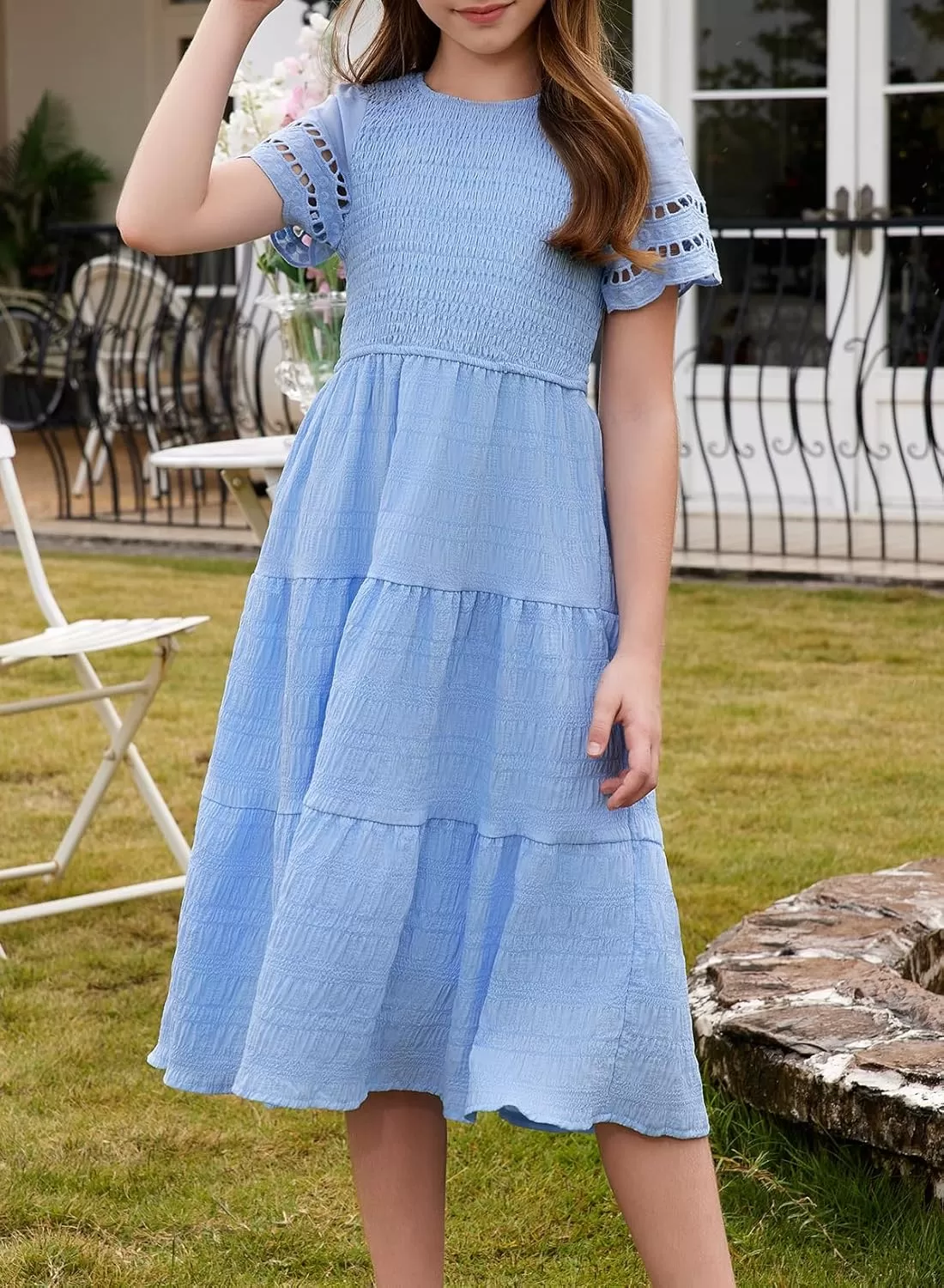 imageblibean Girls Embroidery Short Sleeve Textured Dresses Size 615 YearsLight Blue
