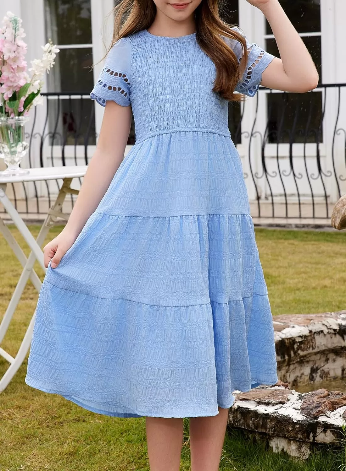 imageblibean Girls Embroidery Short Sleeve Textured Dresses Size 615 YearsLight Blue