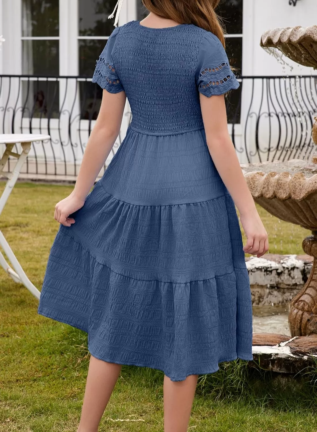 imageblibean Girls Embroidery Short Sleeve Textured Dresses Size 615 YearsNavy Blue