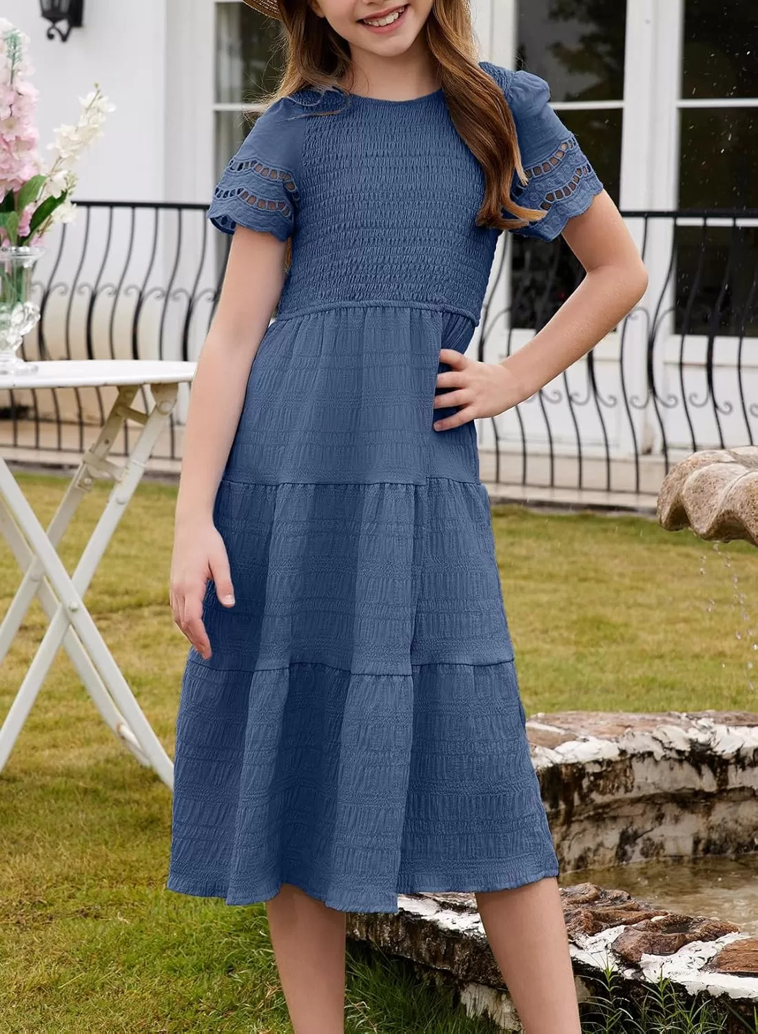 imageblibean Girls Embroidery Short Sleeve Textured Dresses Size 615 YearsNavy Blue