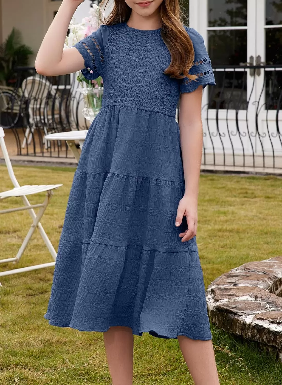 imageblibean Girls Embroidery Short Sleeve Textured Dresses Size 615 YearsNavy Blue