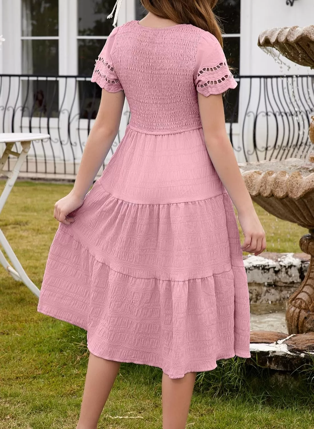 imageblibean Girls Embroidery Short Sleeve Textured Dresses Size 615 YearsPink