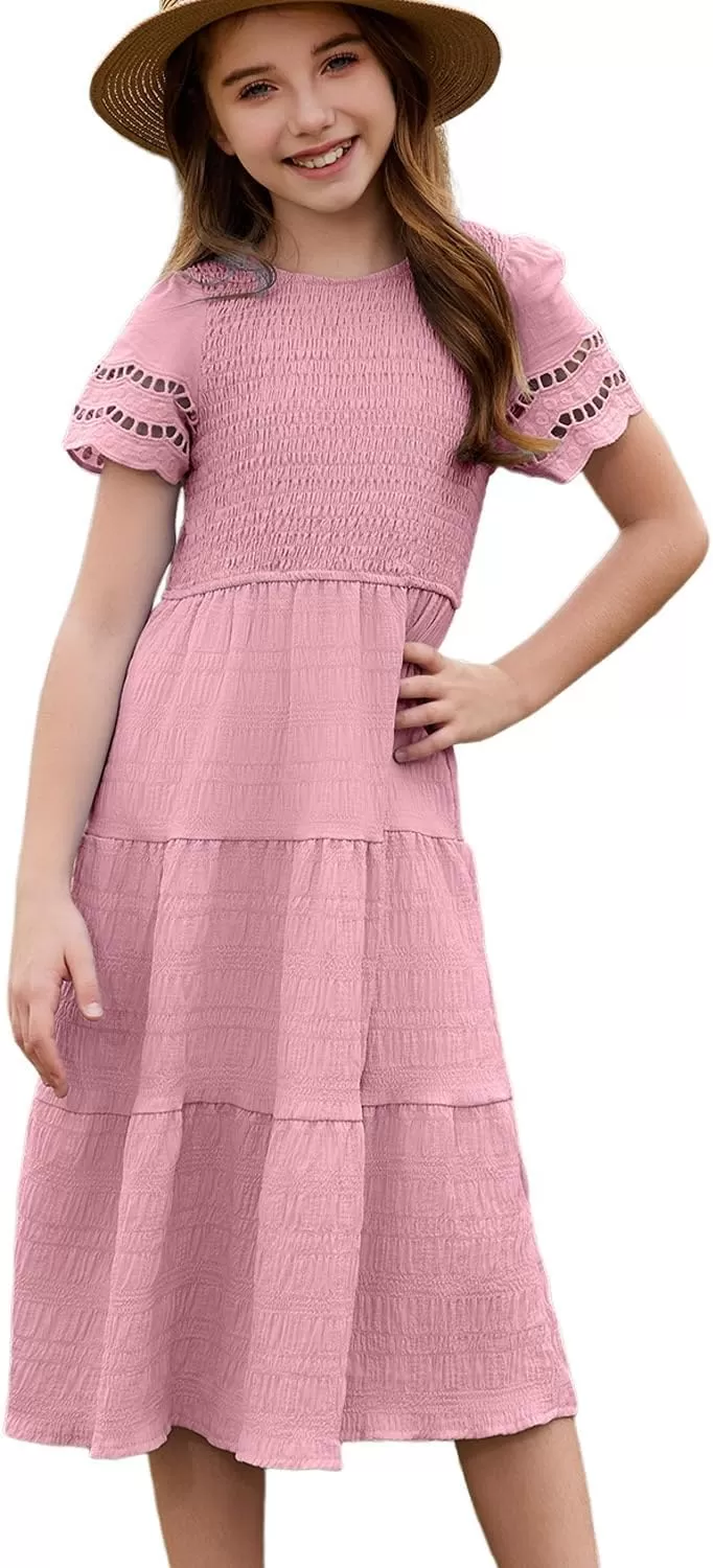 imageblibean Girls Embroidery Short Sleeve Textured Dresses Size 615 YearsPink