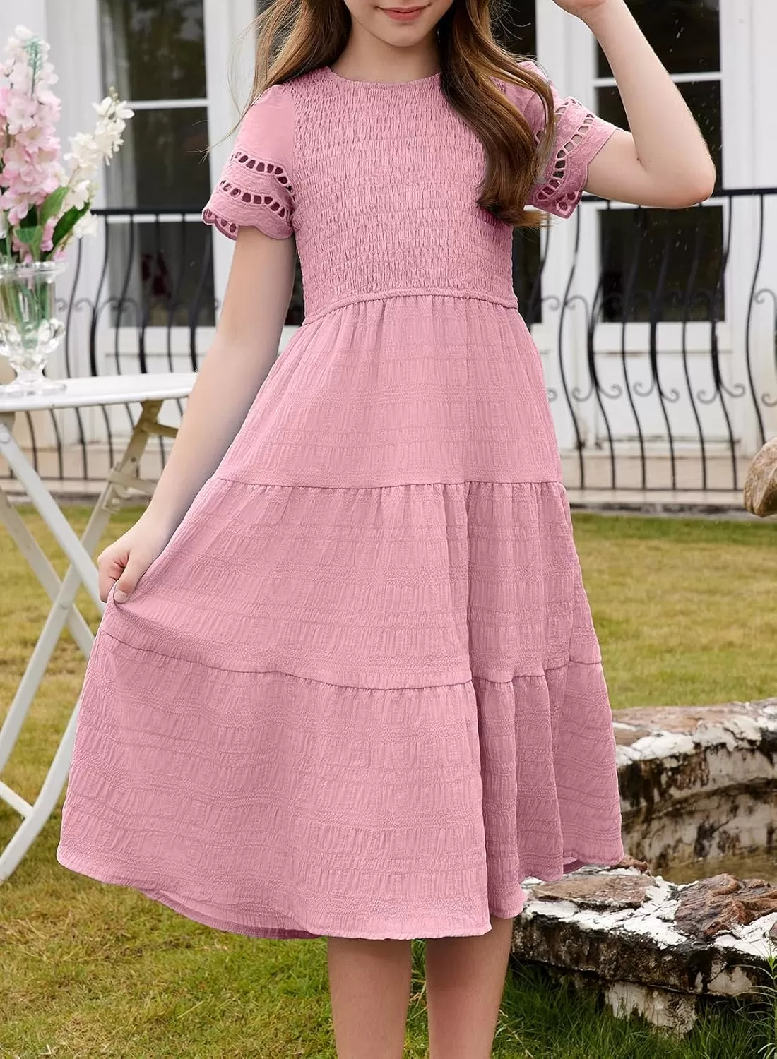 imageblibean Girls Embroidery Short Sleeve Textured Dresses Size 615 YearsPink