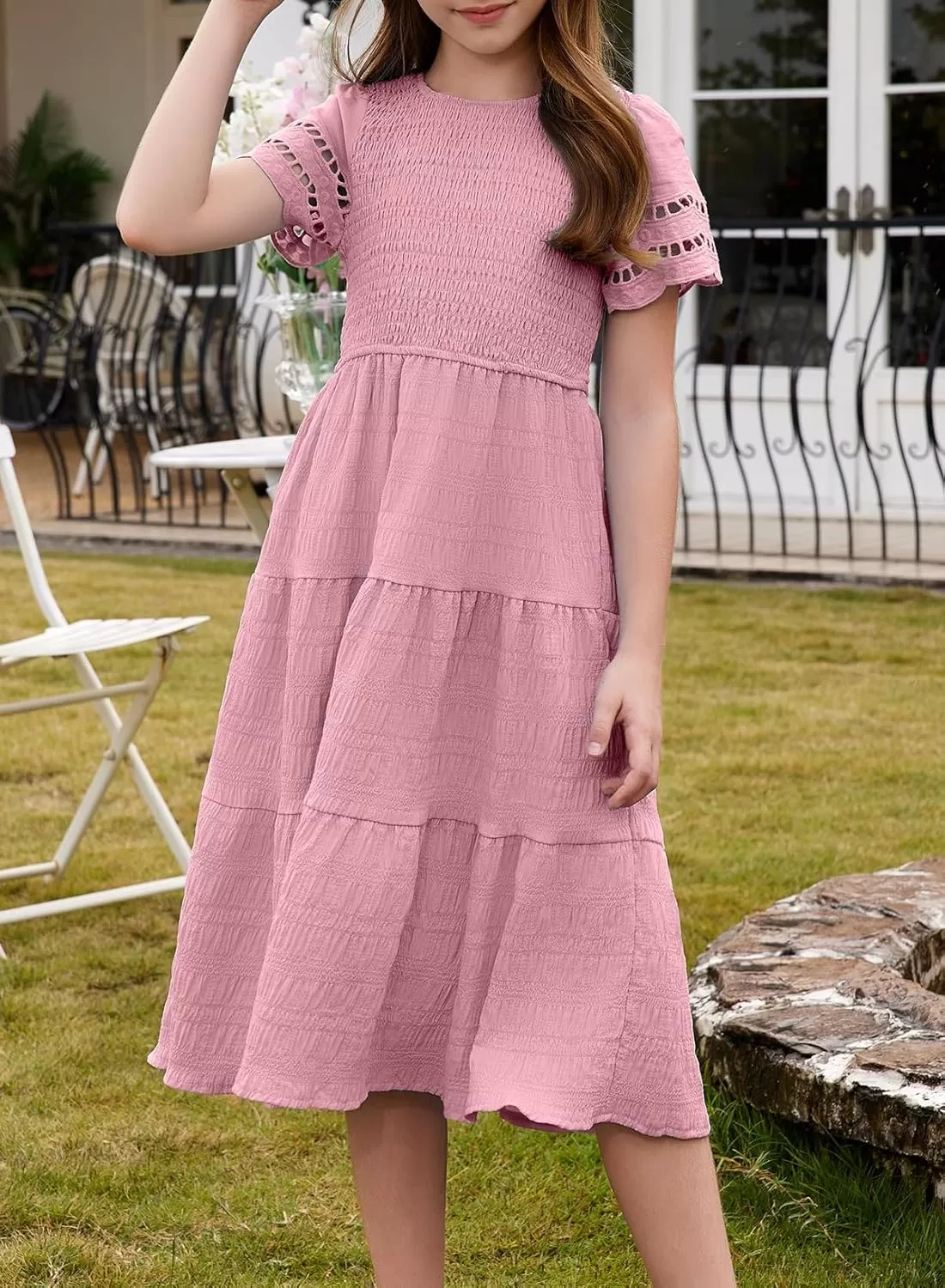 imageblibean Girls Embroidery Short Sleeve Textured Dresses Size 615 YearsPink