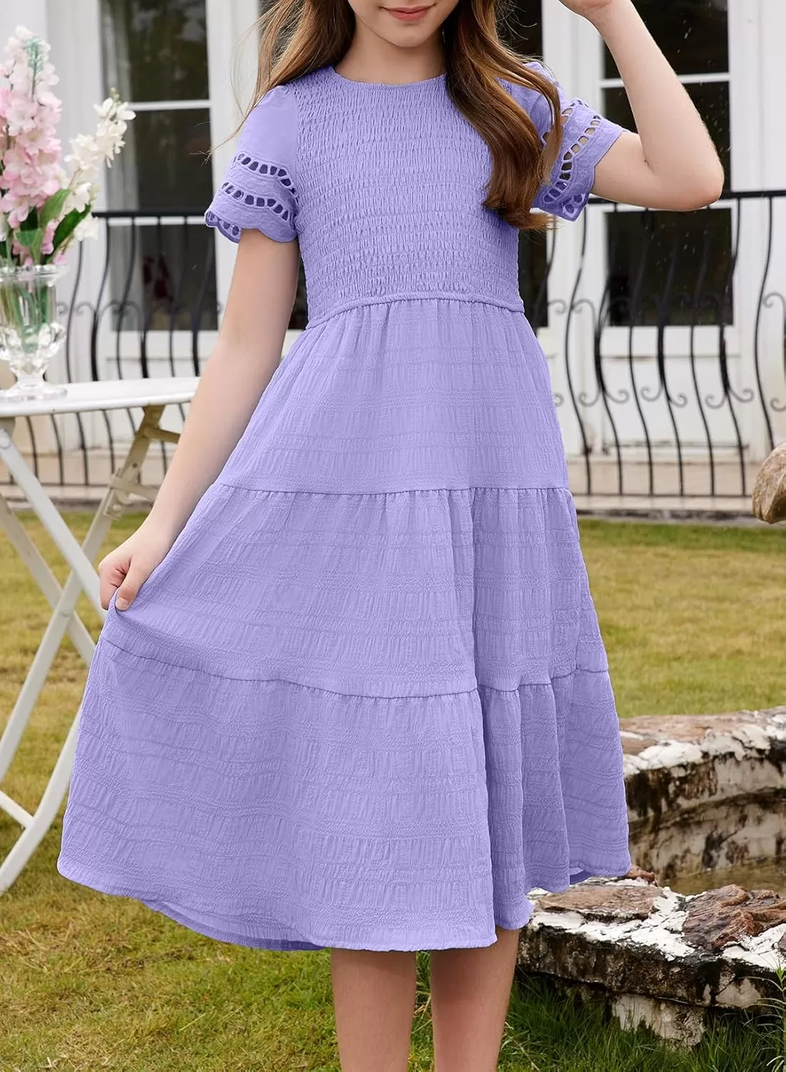imageblibean Girls Embroidery Short Sleeve Textured Dresses Size 615 YearsPurple