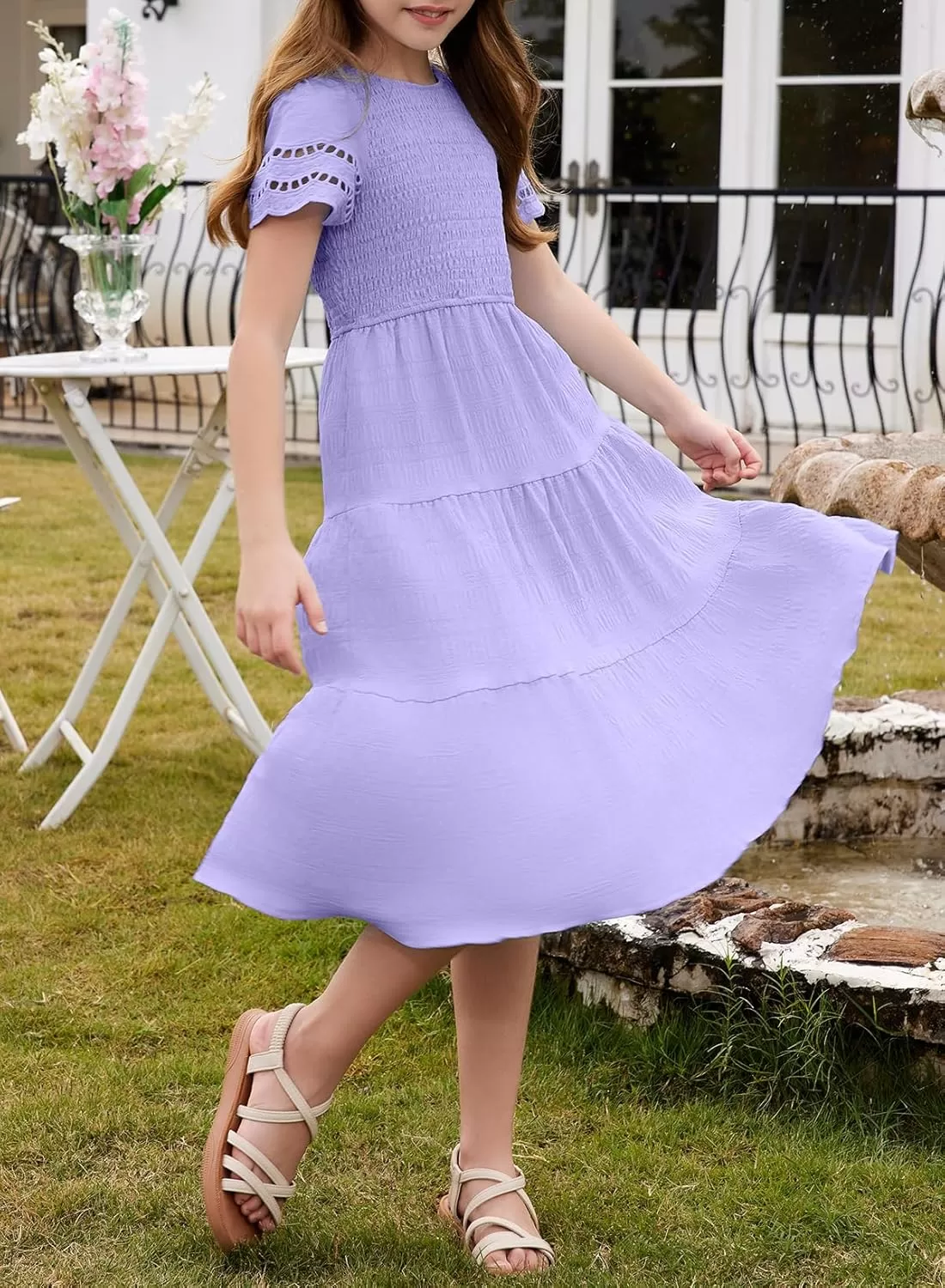 imageblibean Girls Embroidery Short Sleeve Textured Dresses Size 615 YearsPurple