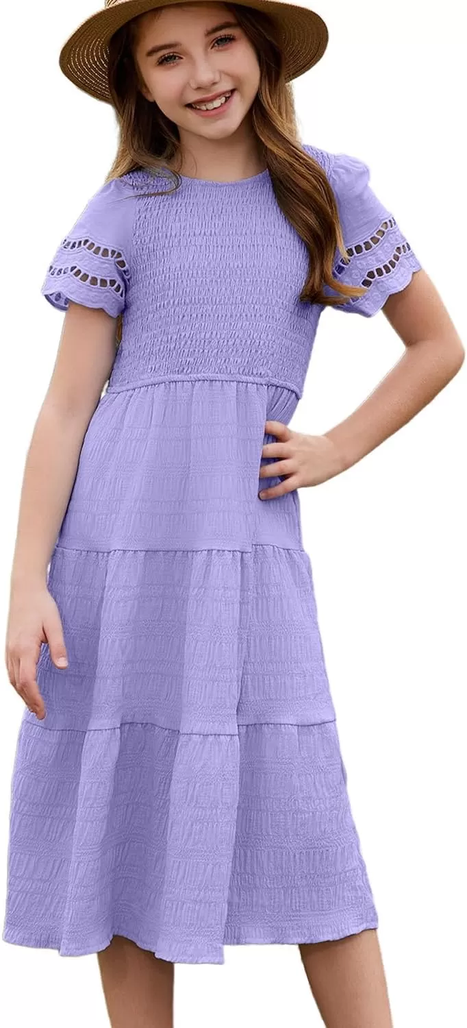 imageblibean Girls Embroidery Short Sleeve Textured Dresses Size 615 YearsPurple