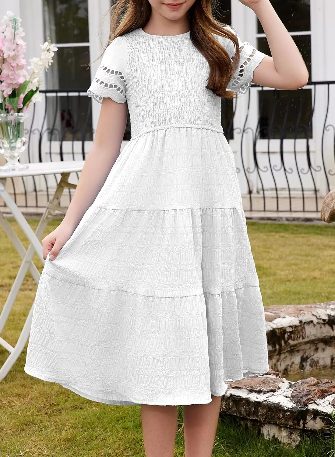 imageblibean Girls Embroidery Short Sleeve Textured Dresses Size 615 YearsWhite