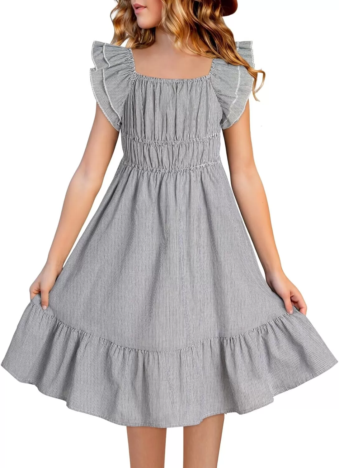 imageblibean Girls Summer Cotton Dresses Tween Ruffle Double Layer Sleeve Sundress Size 615 YearsA Black