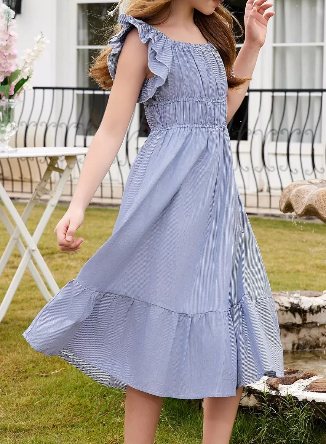 imageblibean Girls Summer Cotton Dresses Tween Ruffle Double Layer Sleeve Sundress Size 615 YearsA Blue