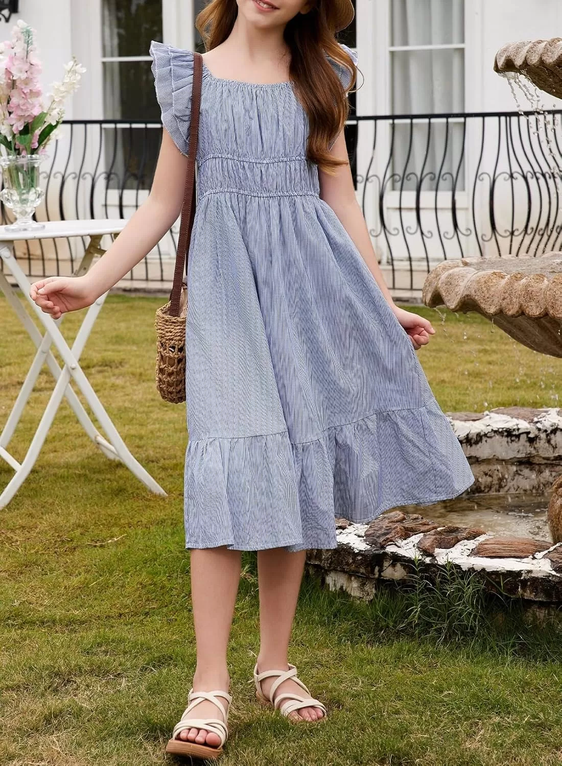 imageblibean Girls Summer Cotton Dresses Tween Ruffle Double Layer Sleeve Sundress Size 615 YearsA Blue