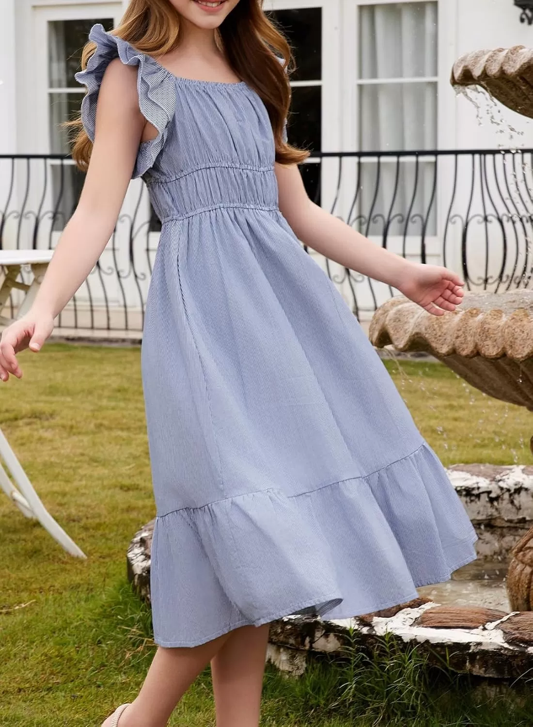 imageblibean Girls Summer Cotton Dresses Tween Ruffle Double Layer Sleeve Sundress Size 615 YearsA Blue