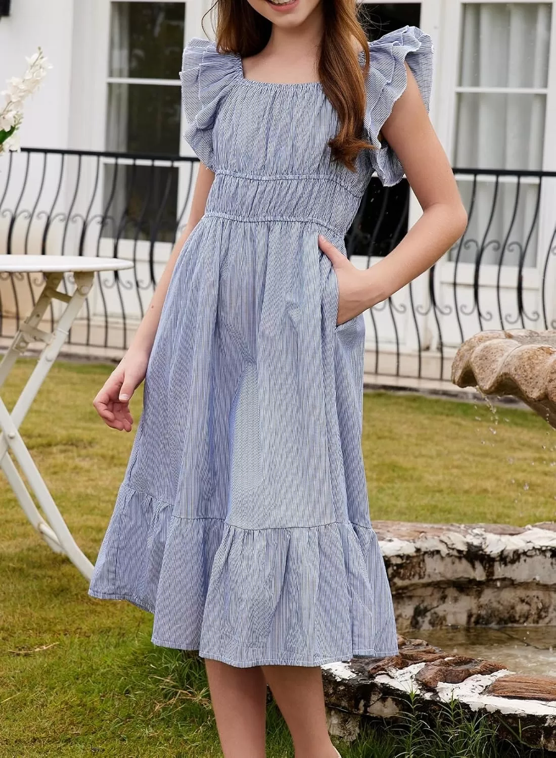 imageblibean Girls Summer Cotton Dresses Tween Ruffle Double Layer Sleeve Sundress Size 615 YearsA Blue