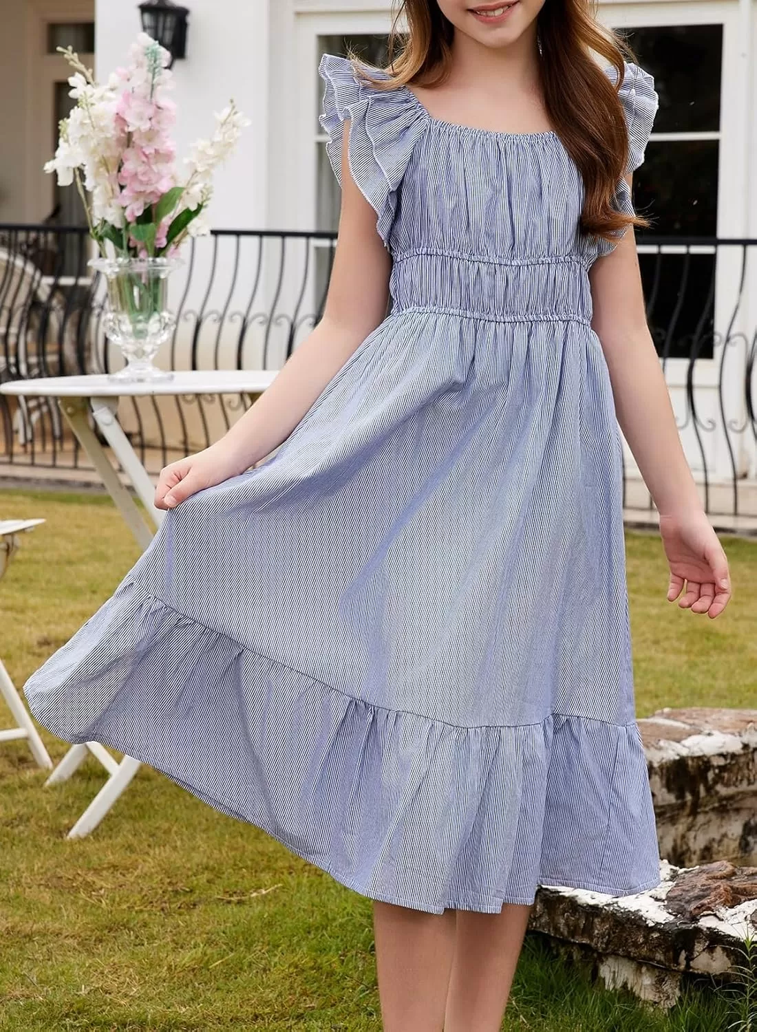 imageblibean Girls Summer Cotton Dresses Tween Ruffle Double Layer Sleeve Sundress Size 615 YearsA Blue