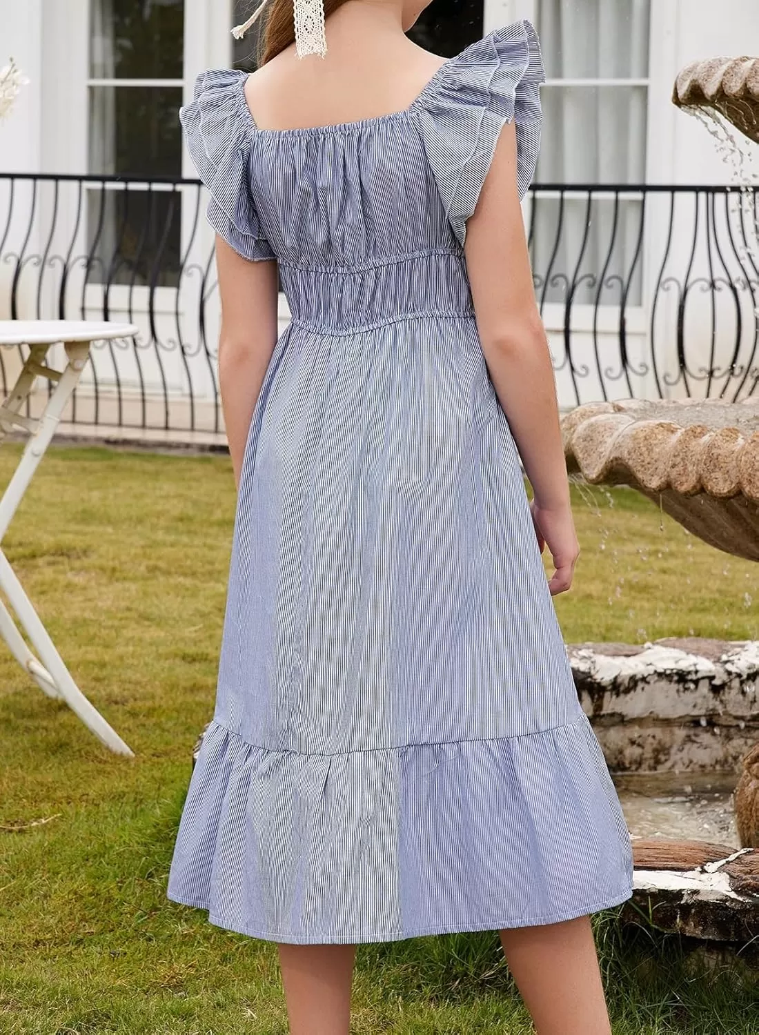 imageblibean Girls Summer Cotton Dresses Tween Ruffle Double Layer Sleeve Sundress Size 615 YearsA Blue