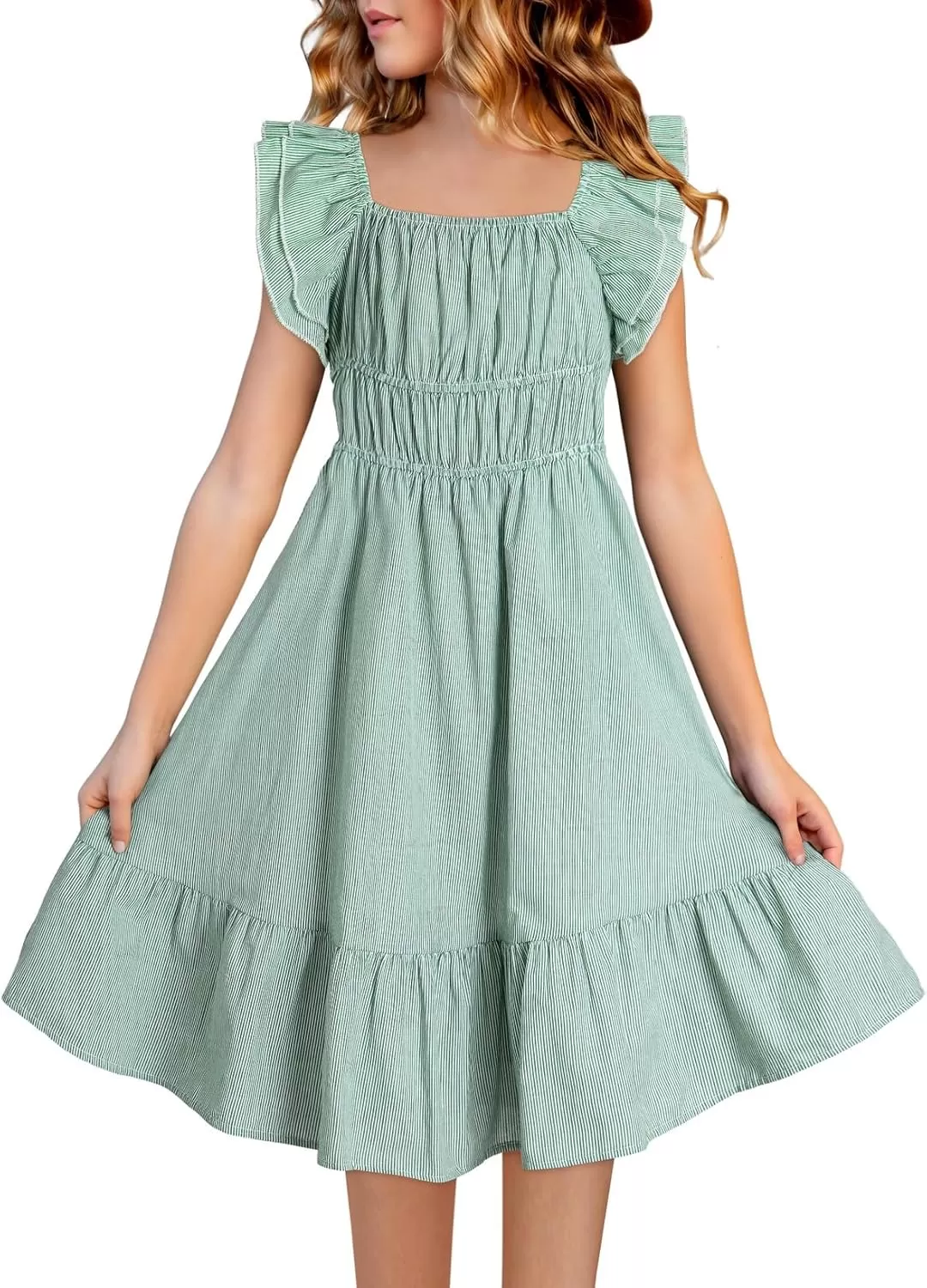 imageblibean Girls Summer Cotton Dresses Tween Ruffle Double Layer Sleeve Sundress Size 615 YearsA Green