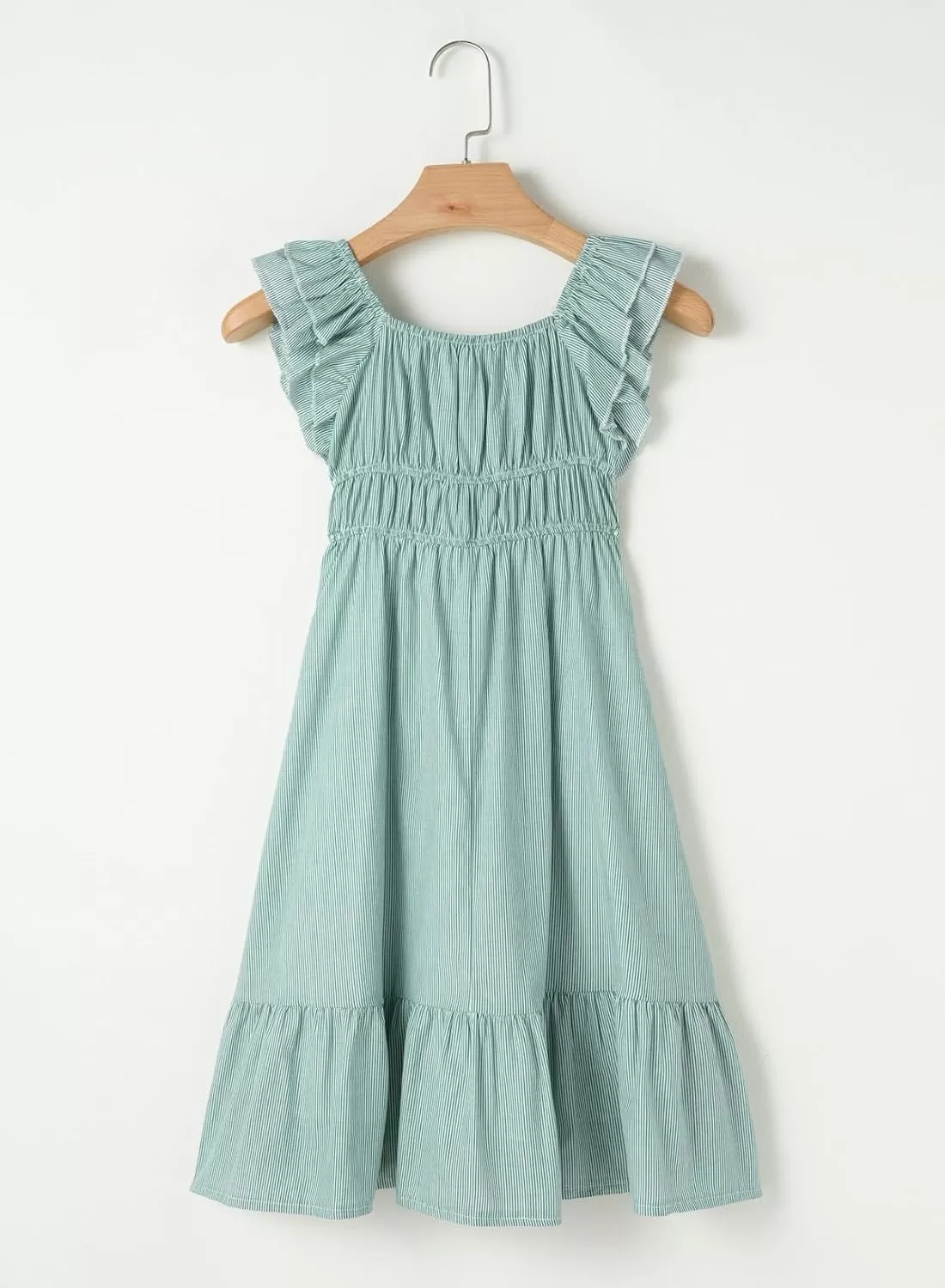 imageblibean Girls Summer Cotton Dresses Tween Ruffle Double Layer Sleeve Sundress Size 615 YearsA Green