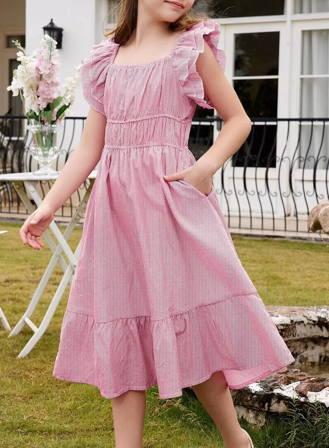 imageblibean Girls Summer Cotton Dresses Tween Ruffle Double Layer Sleeve Sundress Size 615 YearsA Pink