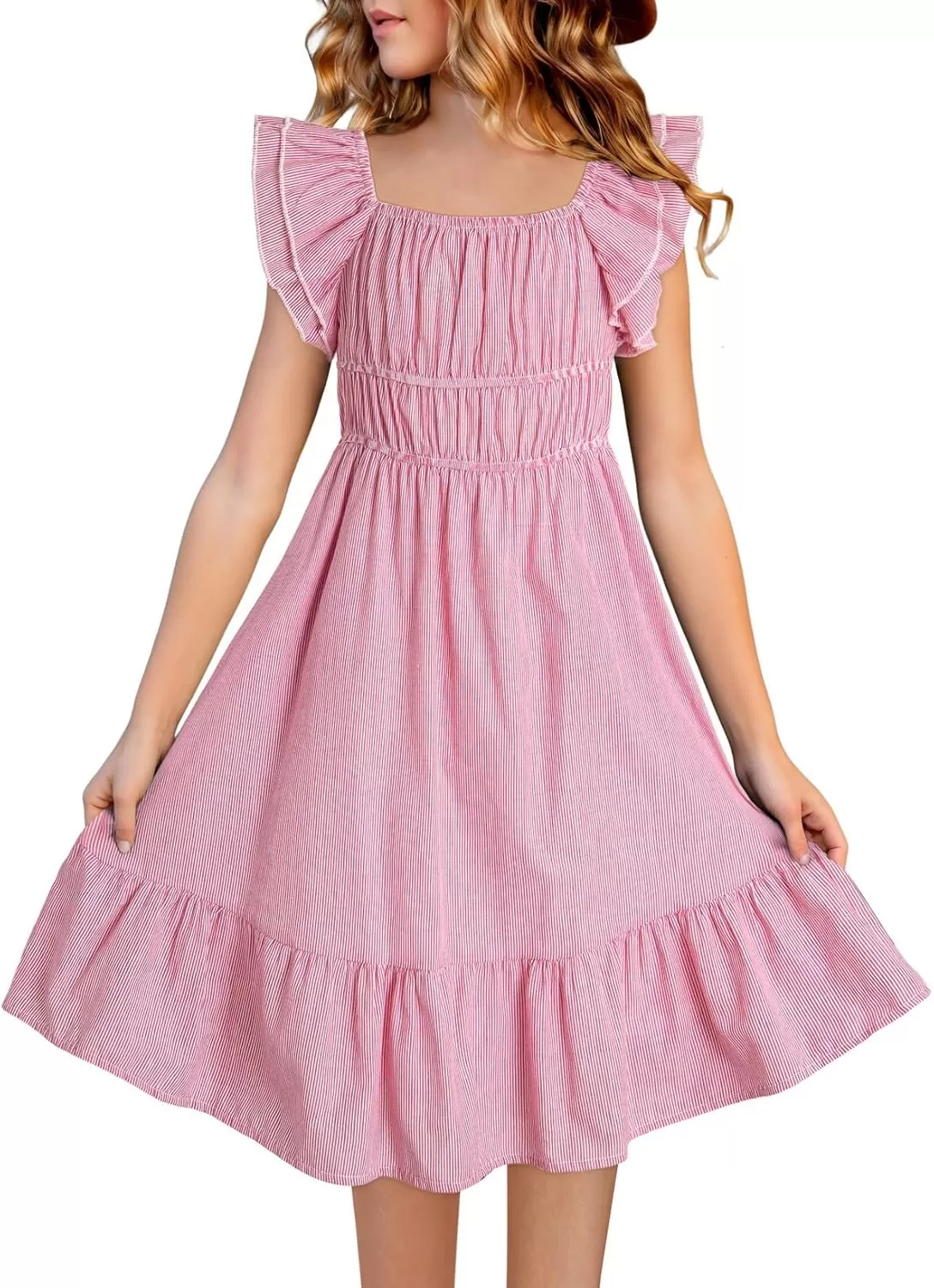 imageblibean Girls Summer Cotton Dresses Tween Ruffle Double Layer Sleeve Sundress Size 615 YearsA Pink