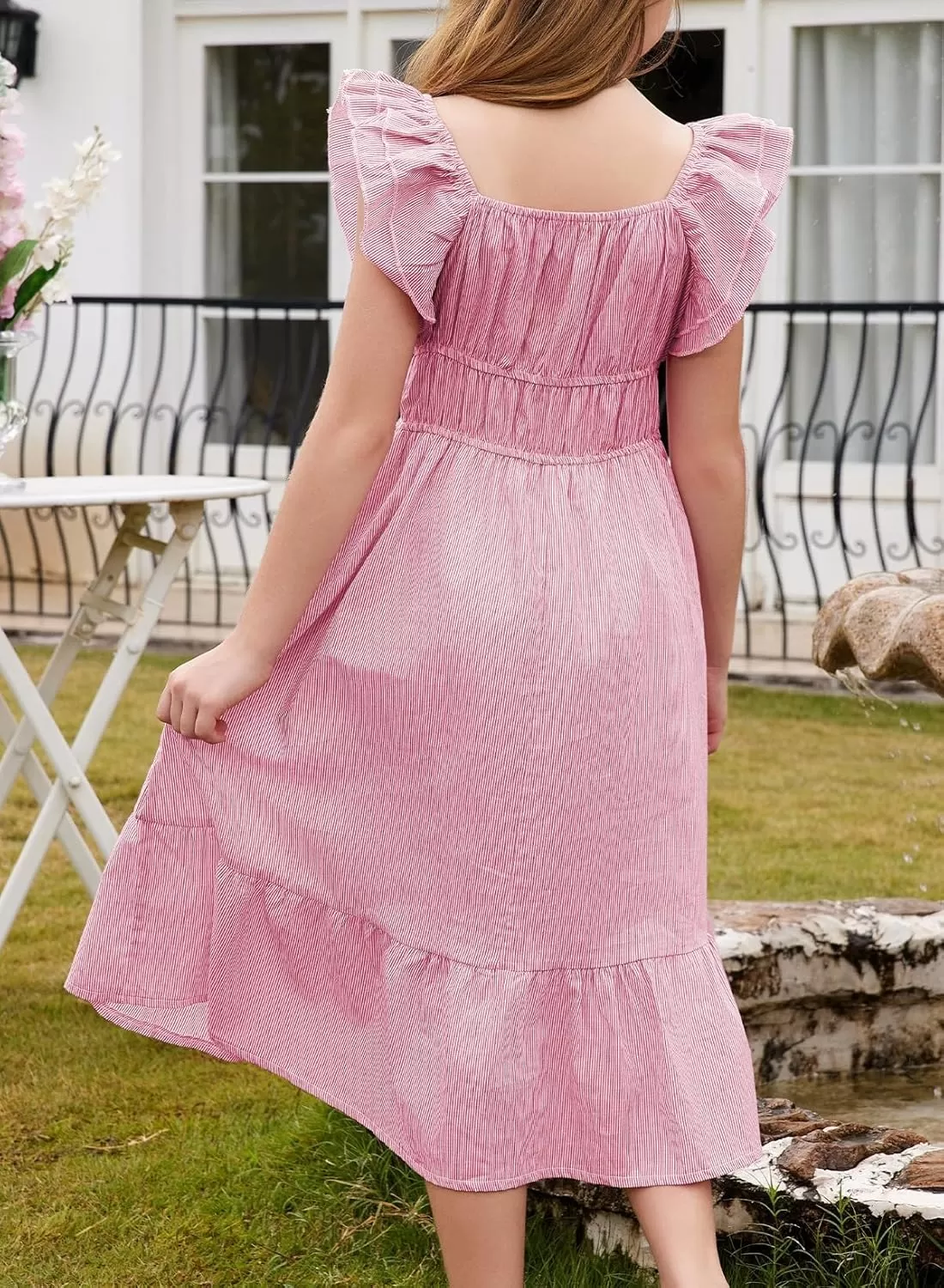 imageblibean Girls Summer Cotton Dresses Tween Ruffle Double Layer Sleeve Sundress Size 615 YearsA Pink