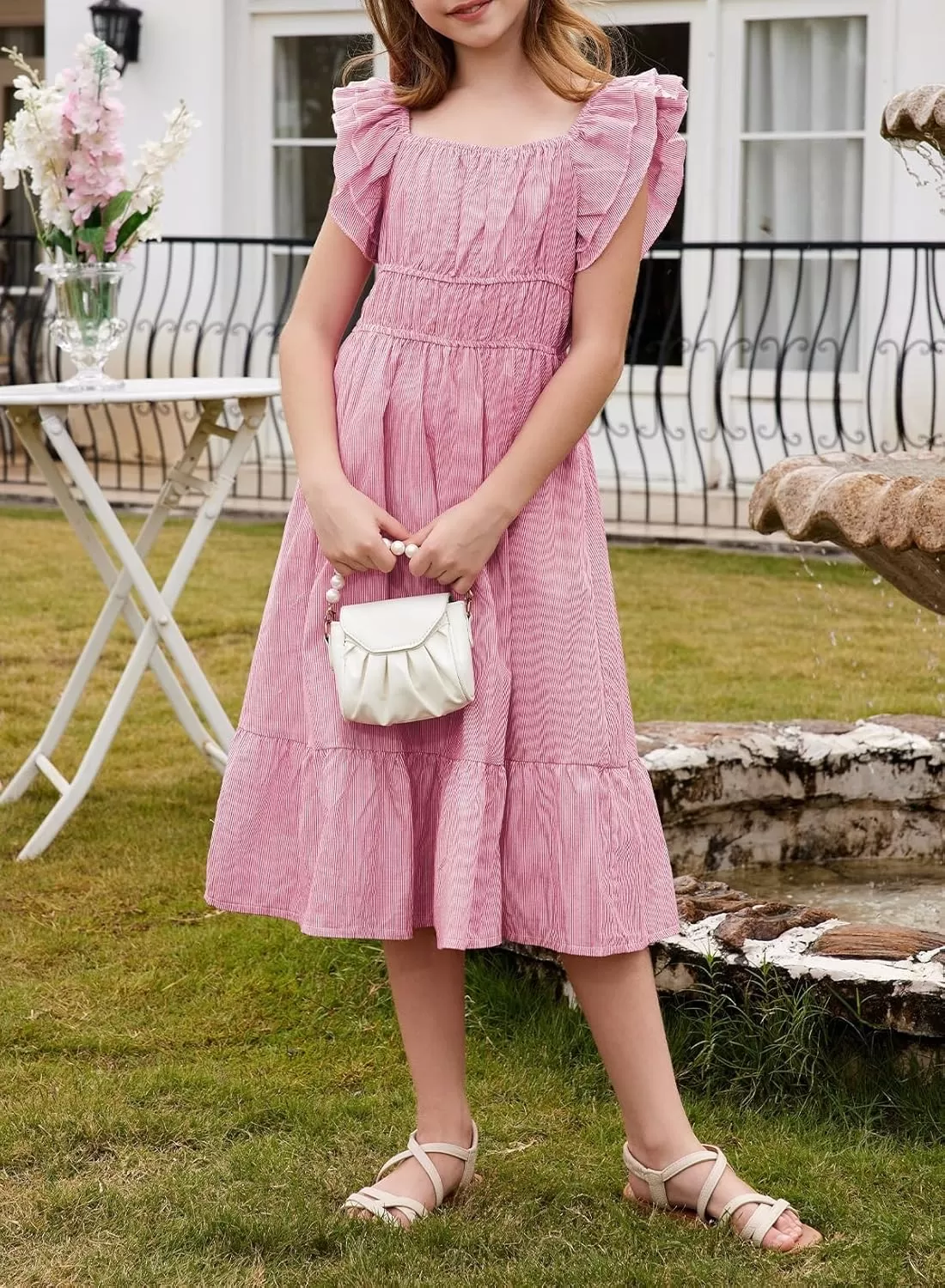 imageblibean Girls Summer Cotton Dresses Tween Ruffle Double Layer Sleeve Sundress Size 615 YearsA Pink