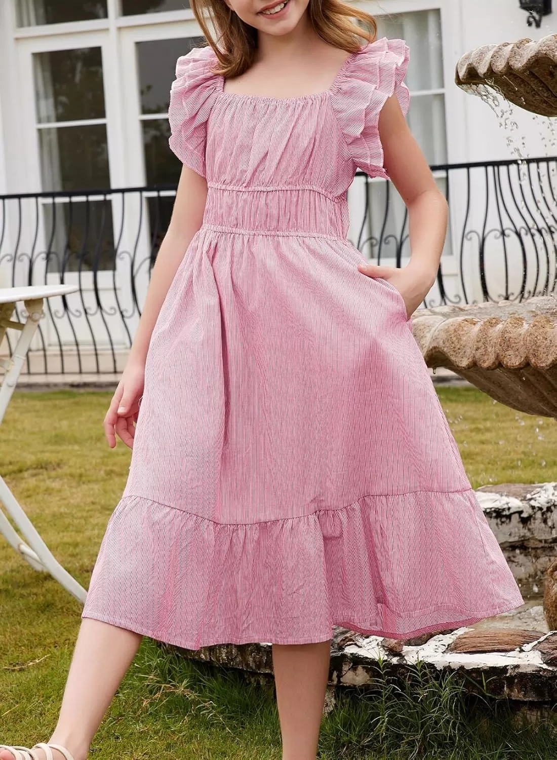 imageblibean Girls Summer Cotton Dresses Tween Ruffle Double Layer Sleeve Sundress Size 615 YearsA Pink