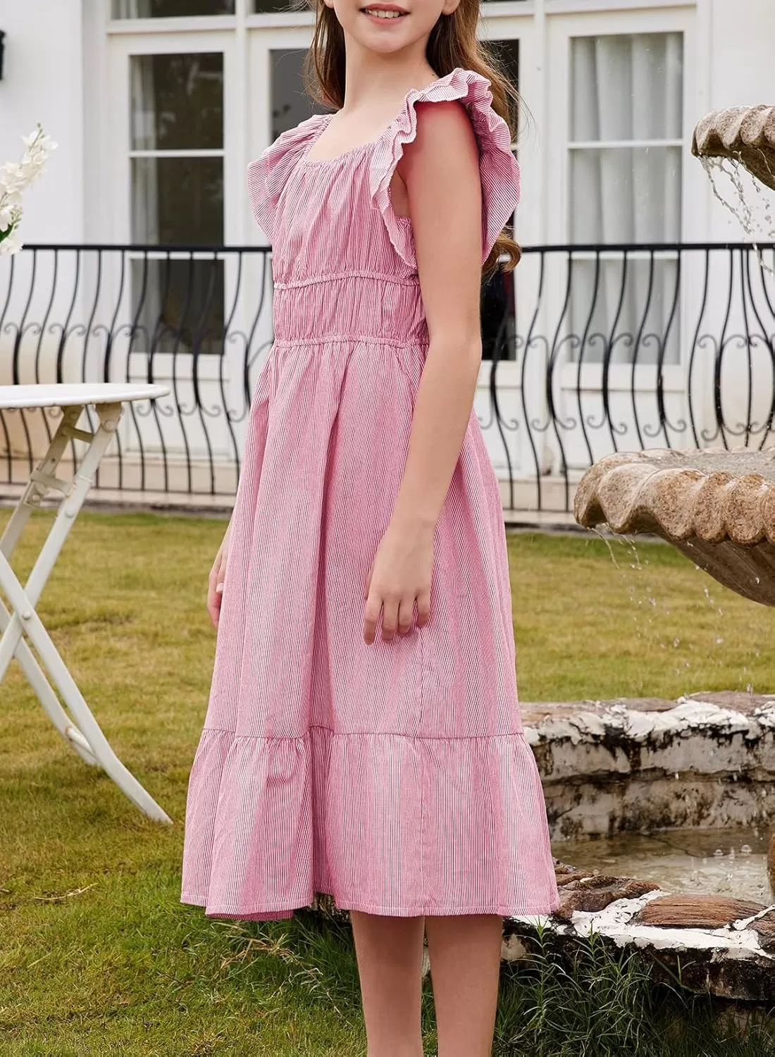 imageblibean Girls Summer Cotton Dresses Tween Ruffle Double Layer Sleeve Sundress Size 615 YearsA Pink