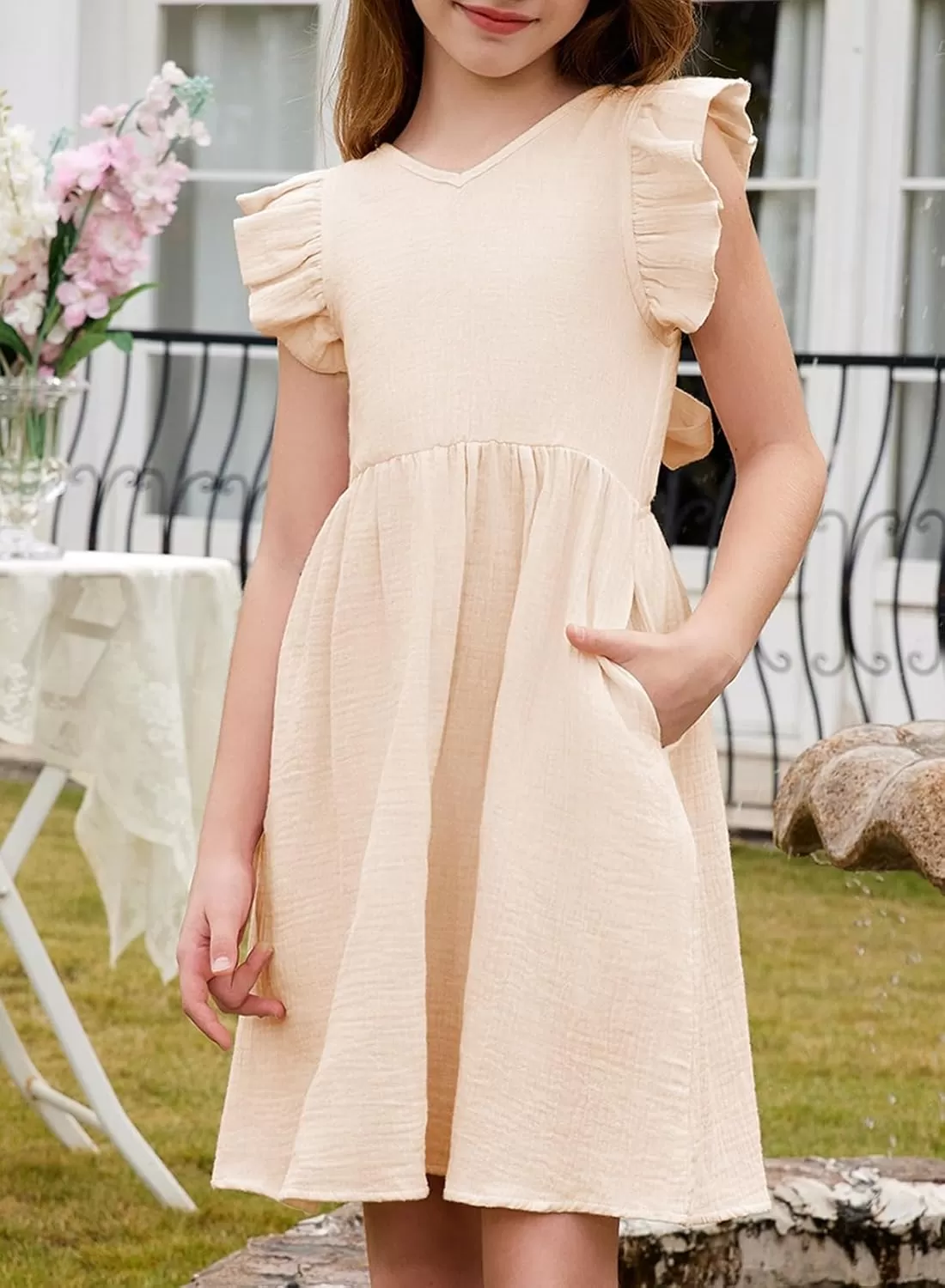 imageblibean Tween Girls 2025 Summer Cotton Dresses Kids Tie Back Sundress Size 615 YearsA Apricot
