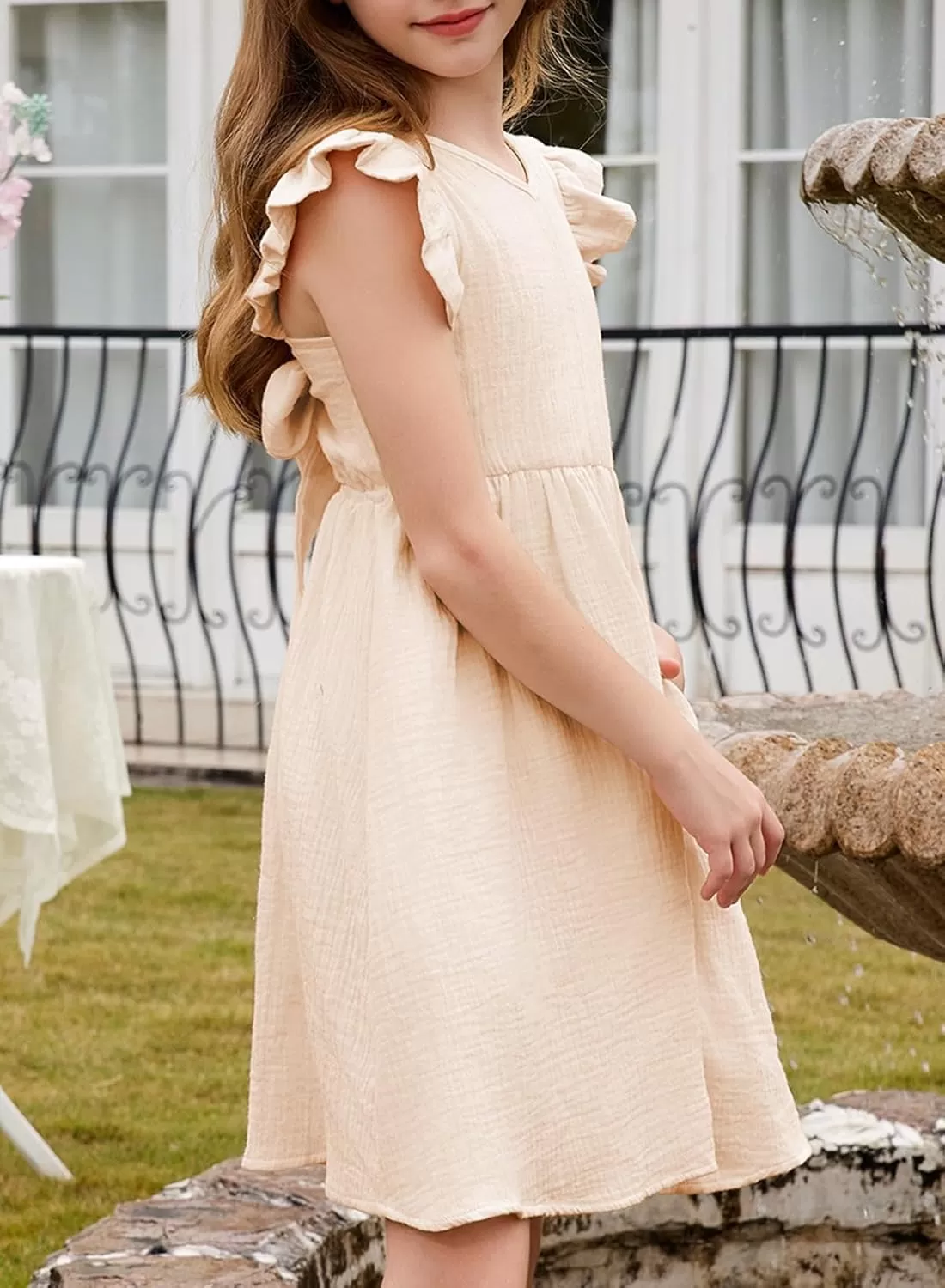 imageblibean Tween Girls 2025 Summer Cotton Dresses Kids Tie Back Sundress Size 615 YearsA Apricot