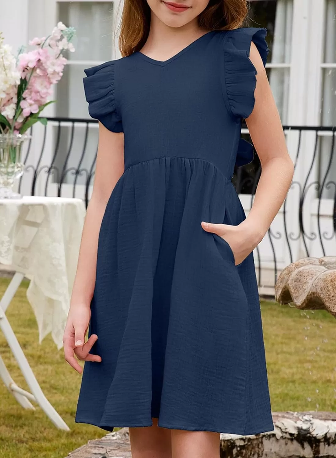 imageblibean Tween Girls 2025 Summer Cotton Dresses Kids Tie Back Sundress Size 615 YearsA Dark Blue