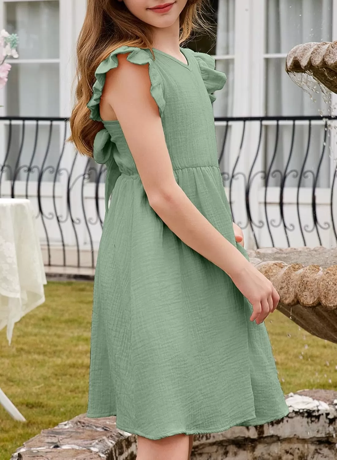 imageblibean Tween Girls 2025 Summer Cotton Dresses Kids Tie Back Sundress Size 615 YearsA Green