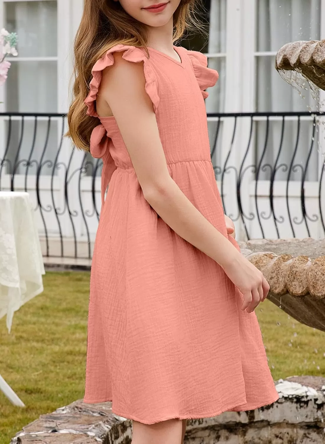 imageblibean Tween Girls 2025 Summer Cotton Dresses Kids Tie Back Sundress Size 615 YearsA Pink